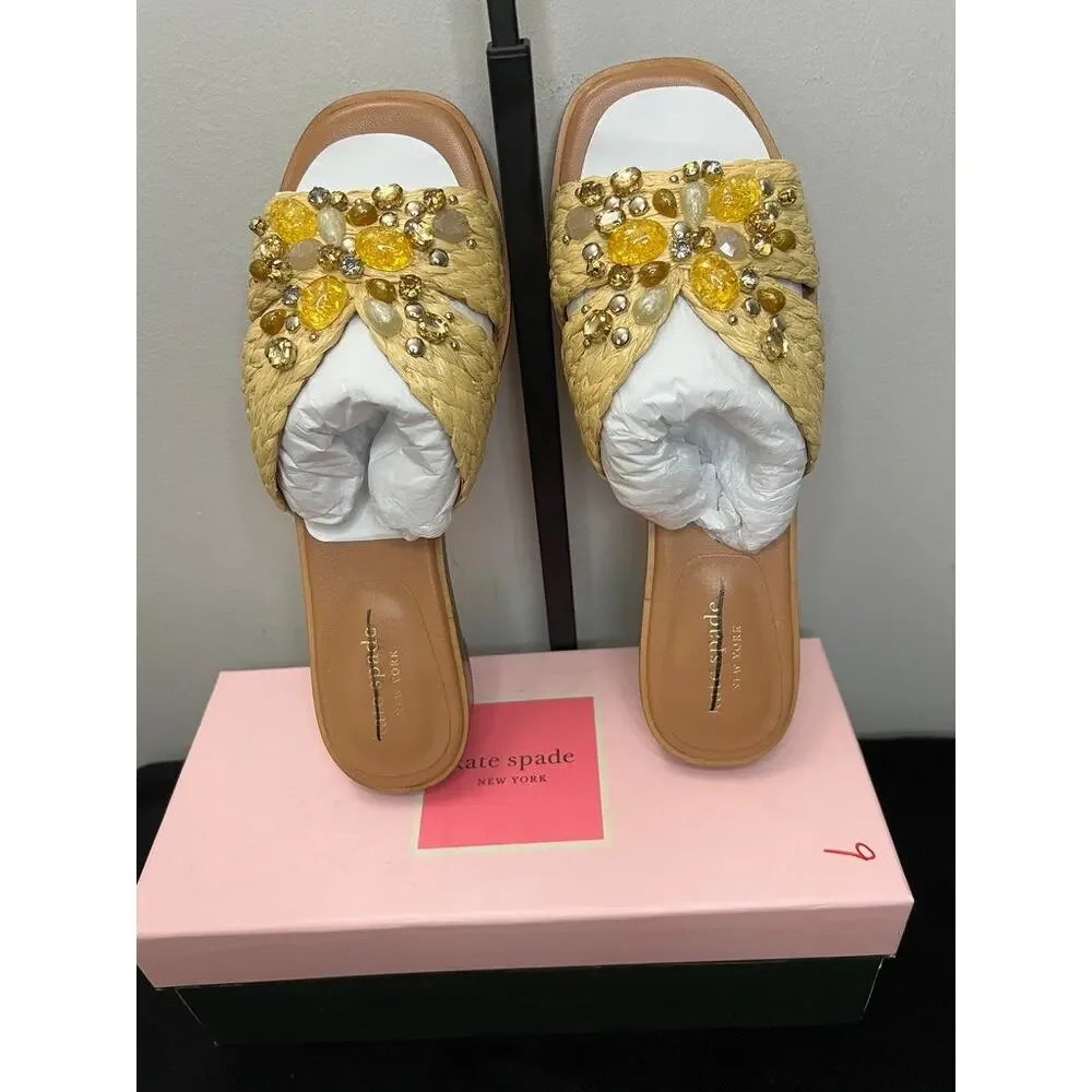 Kate Spade Dock Crystal Raffia Jeweled Slide Sandals Natural 7B New Box